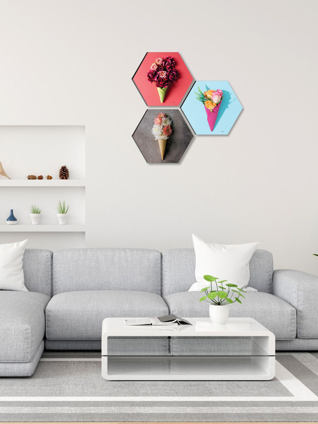 SAF Paper 3 Piece Wall Hexagon Paintings Wall Art