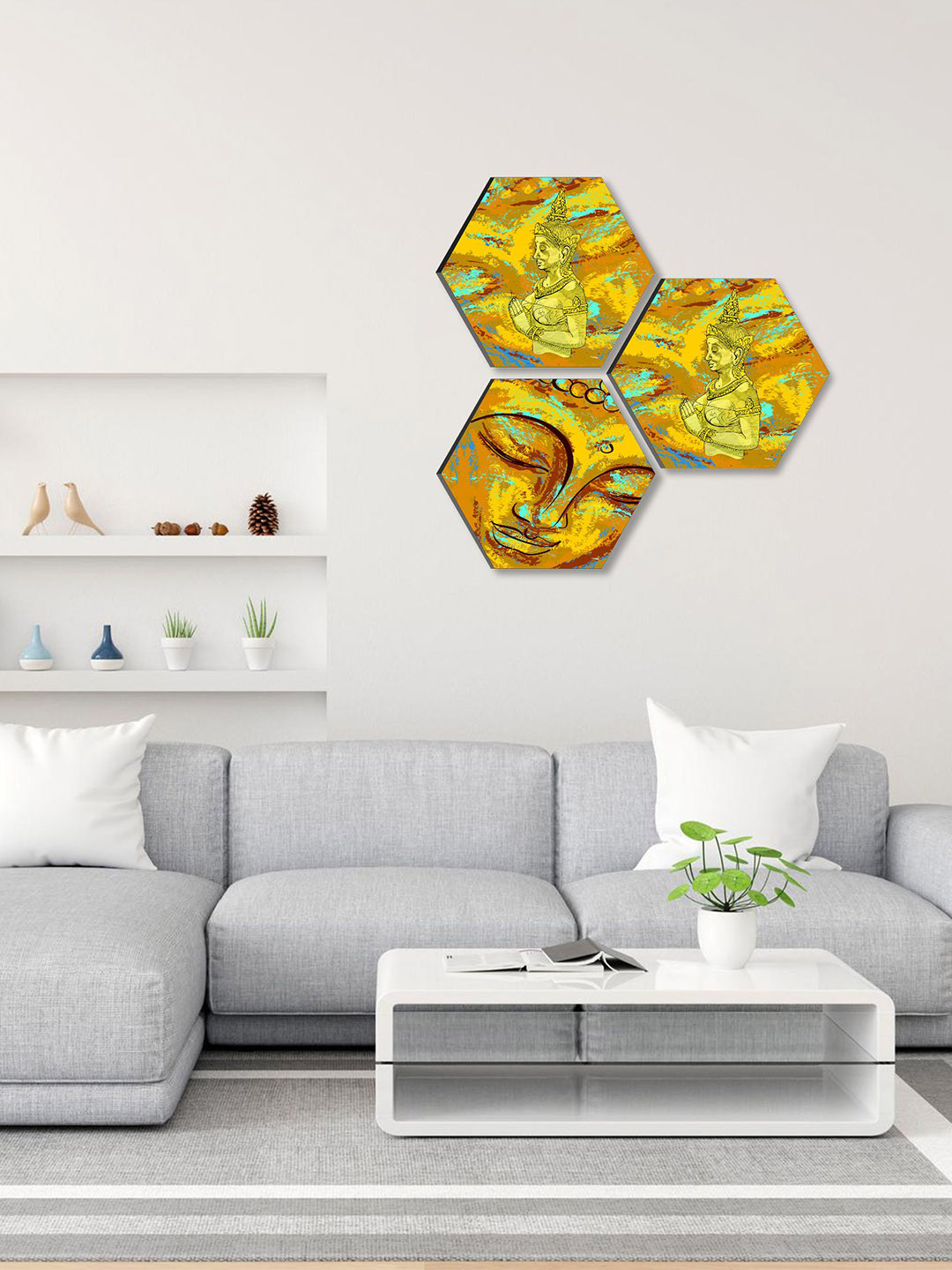SAF Yellow & Green 3 Pieces Hexagon Painting Framed Wall Art
