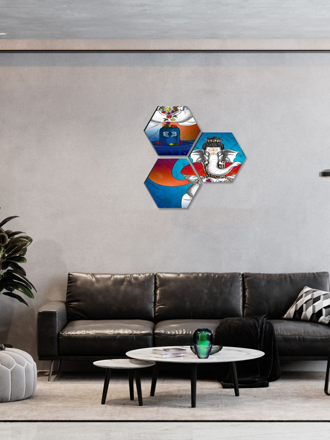 SAF Lord Ganesha Paper 3 Piece Wall Hexagon Paintings Wall Art -17 x 170 In