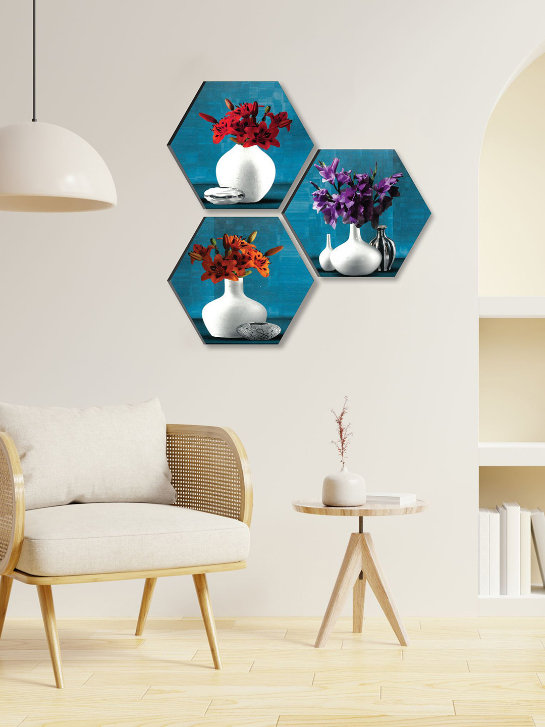 SAF Blue & Red 3 Pieces Flower Pot  Hexagon Painting Framed Wall Art