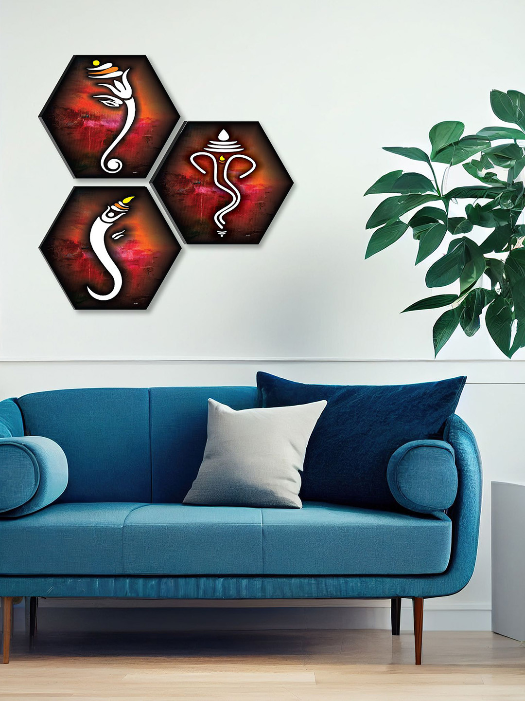 SAF Red 3 Pieces Hexagon Lord Ganesha Wall Painting