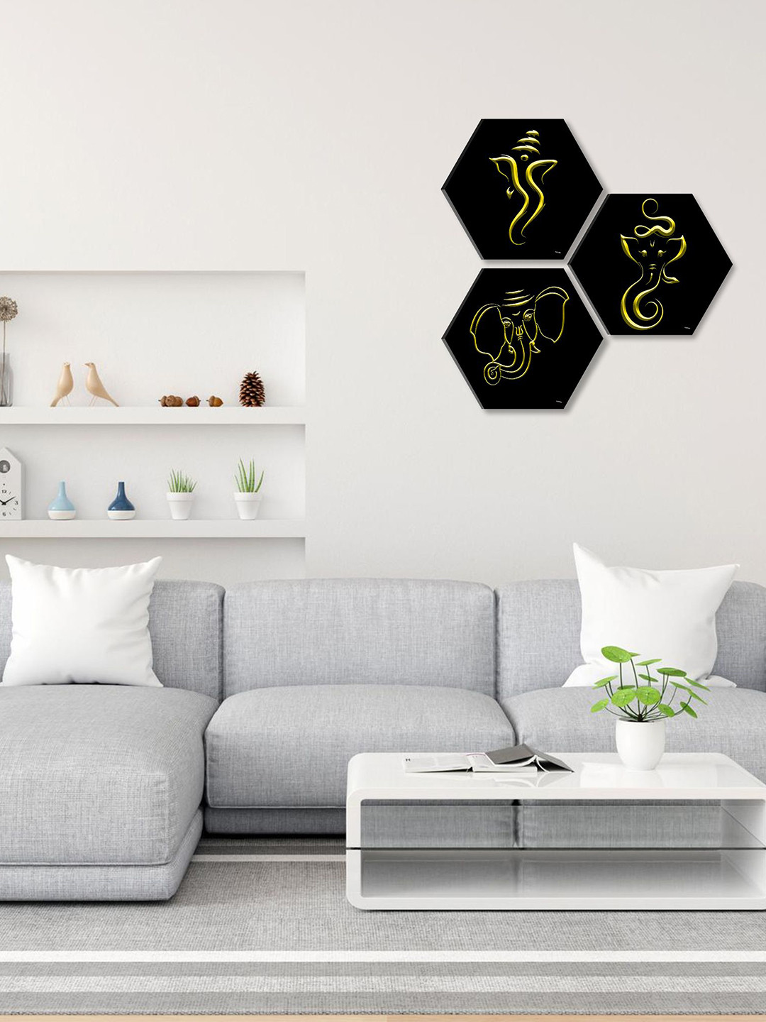 SAF 3 Pcs Black & Yellow Lord Ganesha Hexagon UV Textured Self Adhesive Painting Wall Art