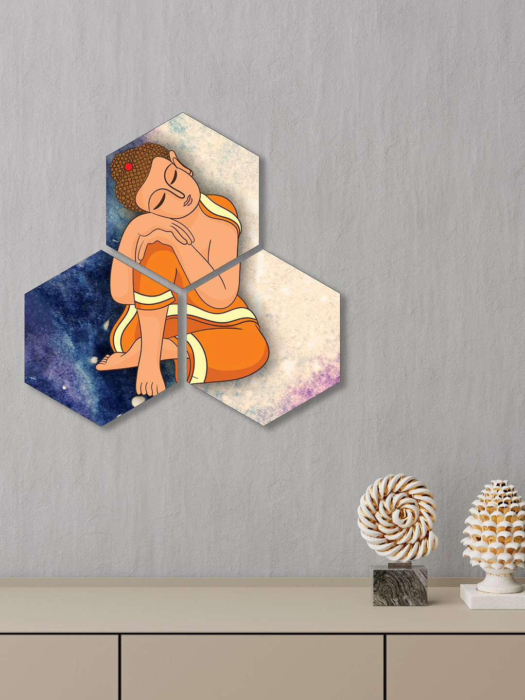 SAF Blue & Peach 3 Pieces Lord Buddha Hexagon Painting Framed Wall Art