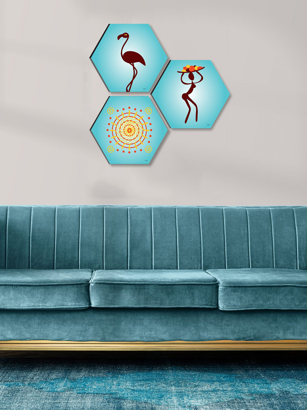 SAF Blue Paper 3 Pcs Wall Living Room Hexagon Potrait Paintings Wall Art -16.93 x 16.93In