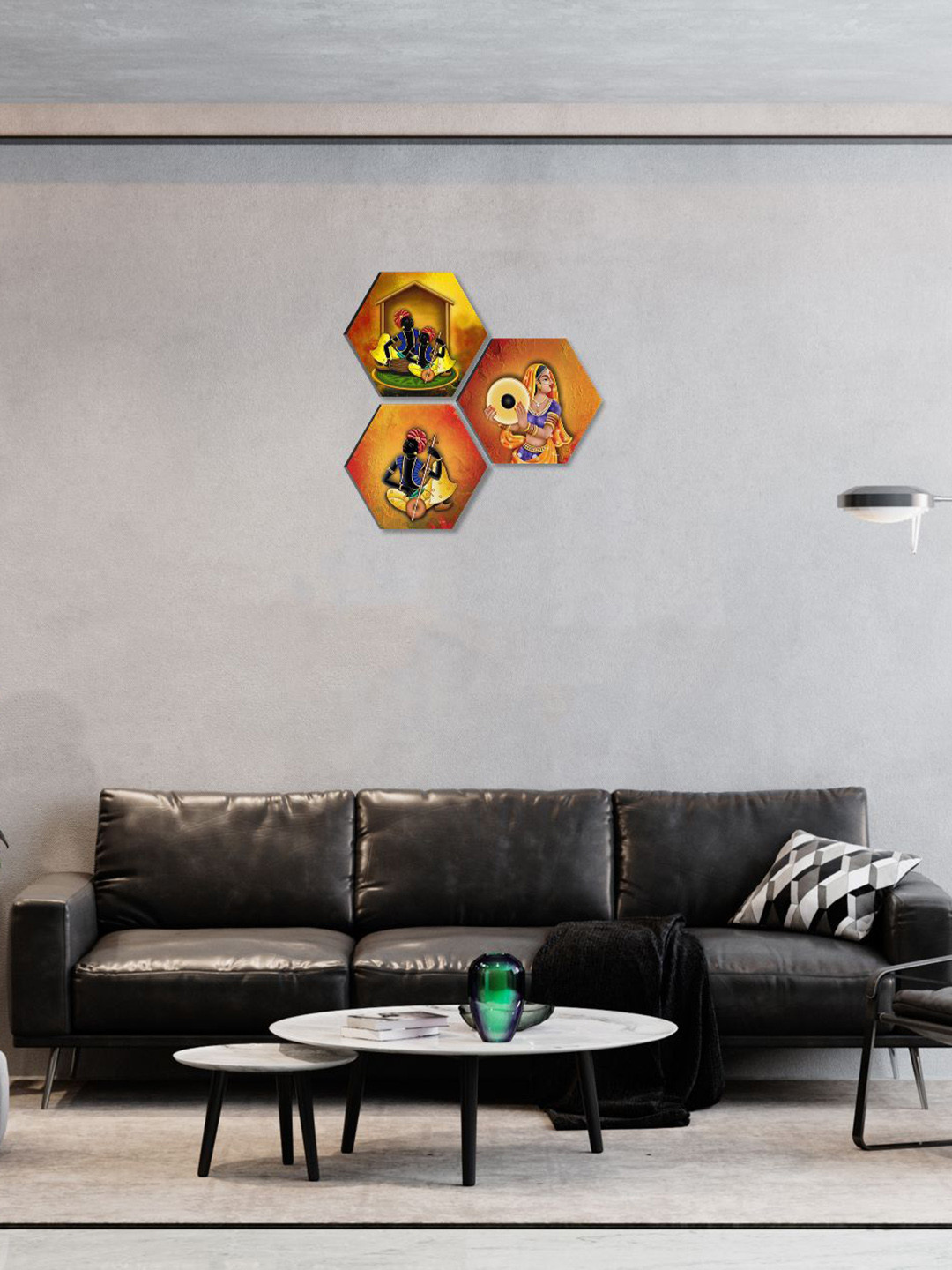 SAF Yellow & Red 3 Pieces Rajasthani Culture Hexagon Painting Framed Wall Art