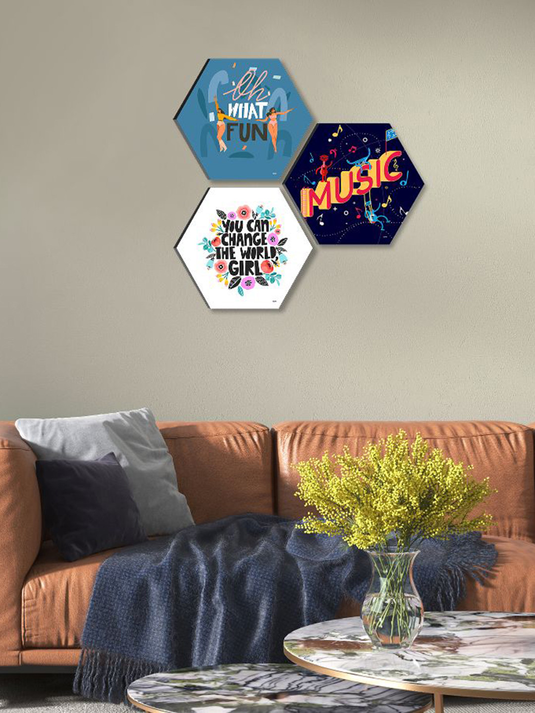 SAF Blue Paper 3 Pcs Wall Kids Room Hexagon Potrait Paintings Wall Art -16.93 x 16.93In