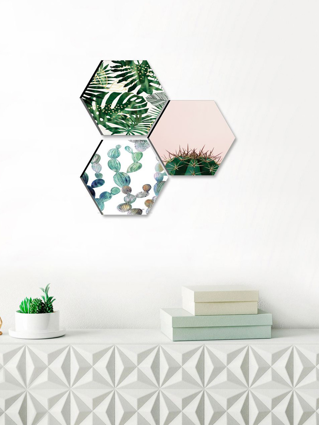 SAF Green 3 Pieces Hexagon Nature Art Wall Painting