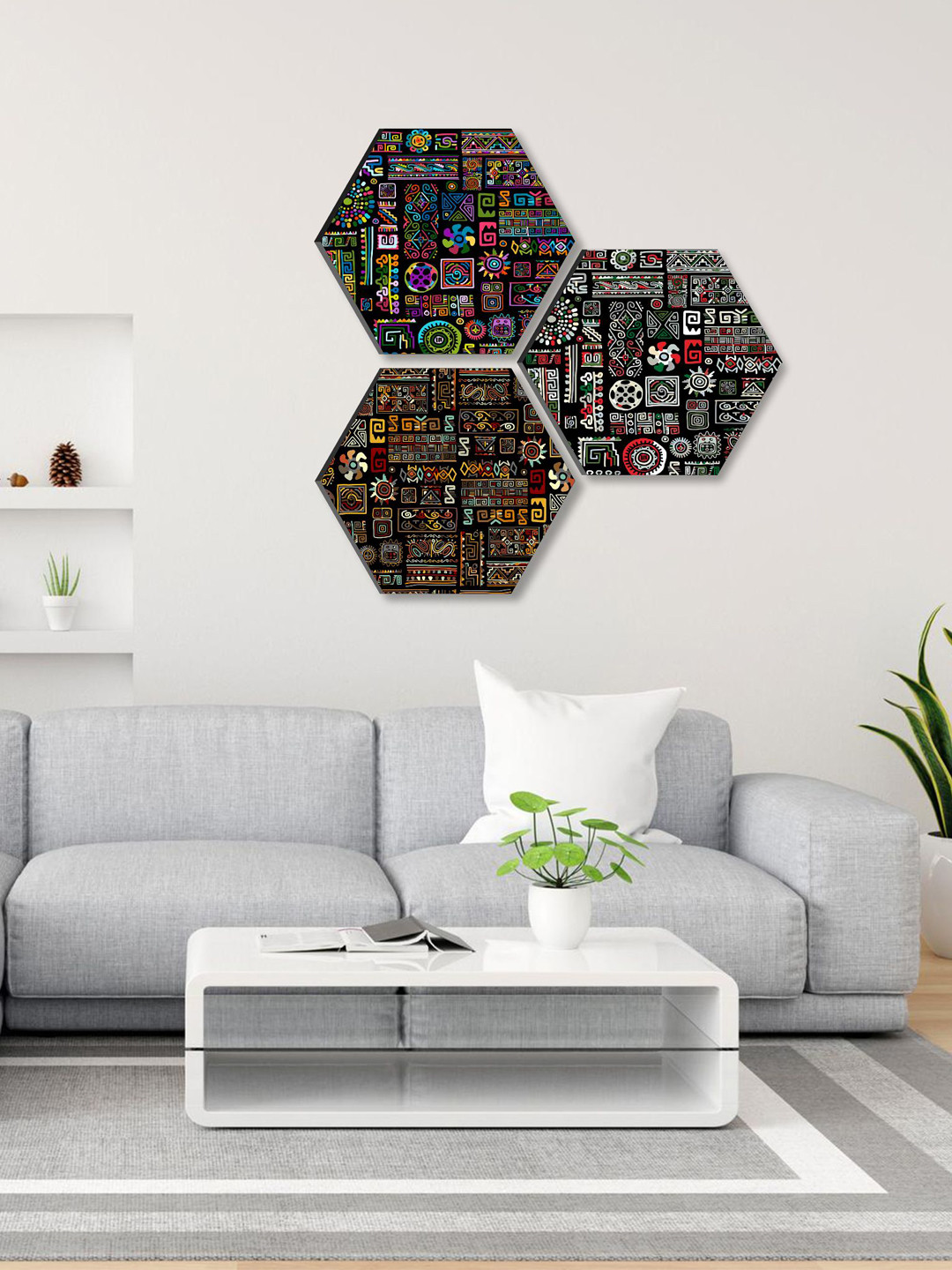 SAF Black & White 3 Pieces Hexagon UV Textured Painting Wall Art