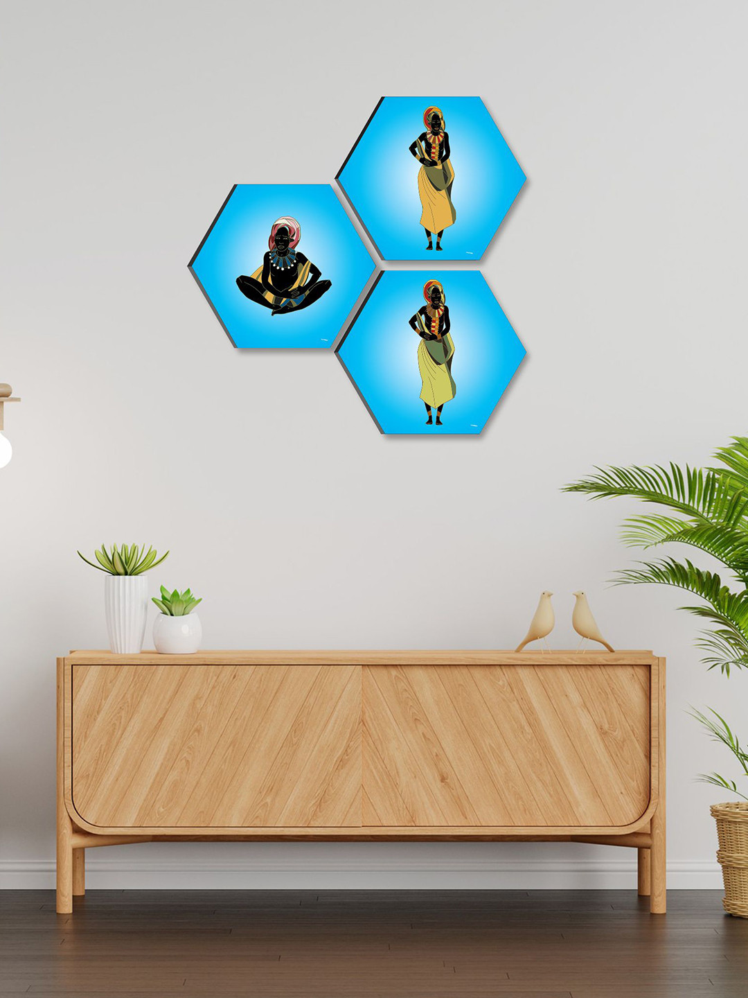 SAF Blue & Black 3 Pieces Trible Painting Hexagon-Shaped Wall Art