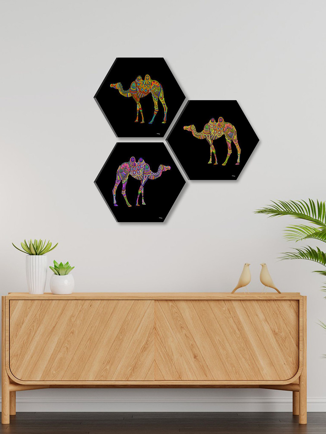 SAF Black Paper 3 Pcs Wall Living Room Hexagon Potrait Paintings Wall Art -16.93 x 16.93In