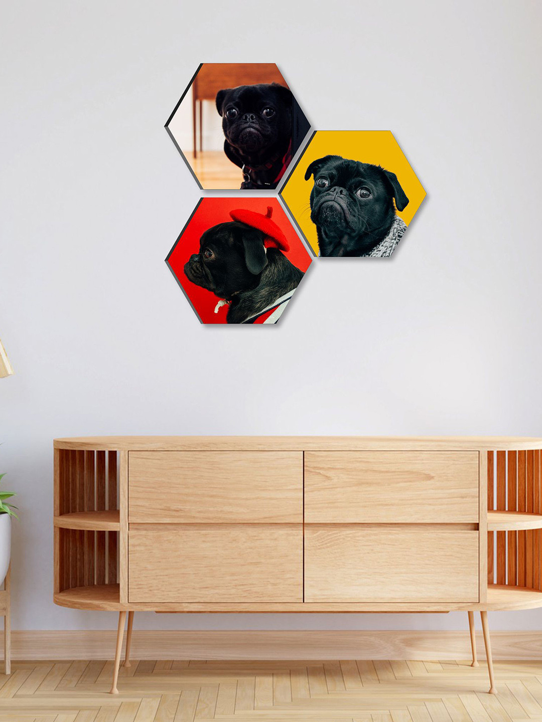 SAF Black, Red & Yellow 3 Pieces Lord Cute Pug Hexagon UV Textured Wall Art