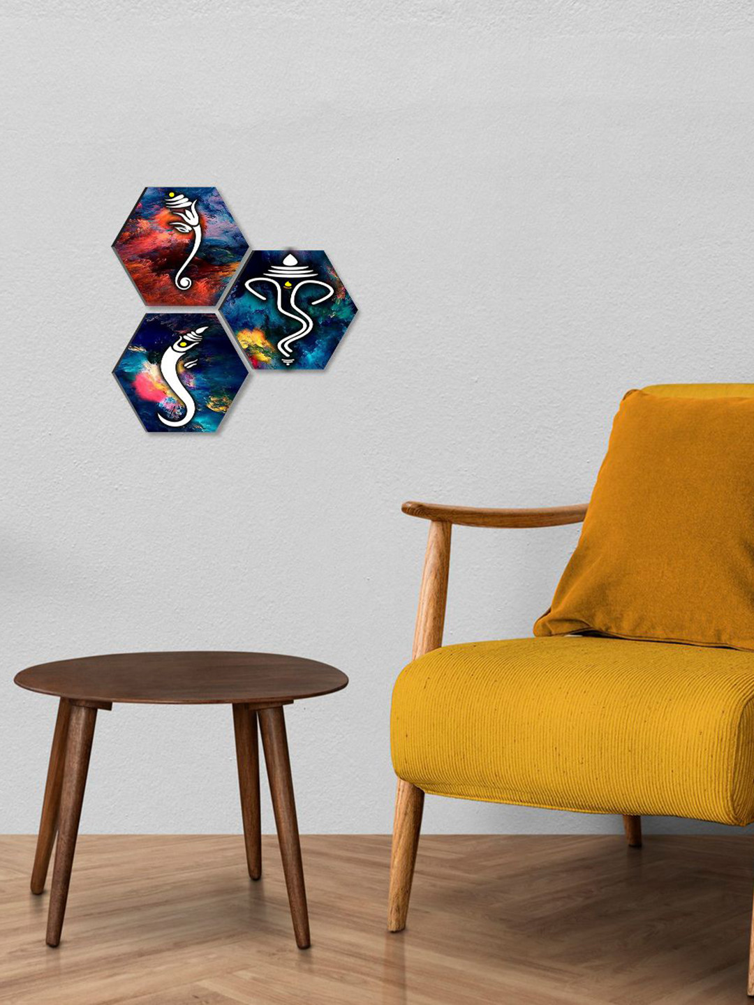 SAF Blue & Red 3 Pieces Lord Ganesha Hexagon UV Textured Wall Art