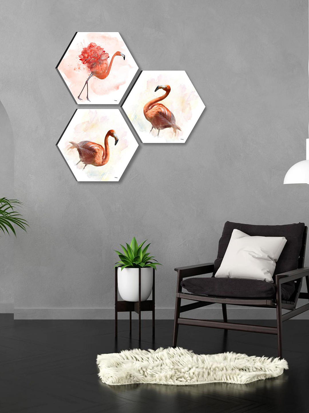 SAF White & Pink 3 Pieces Flamingo Hexagon UV Textured Painting Wall Art