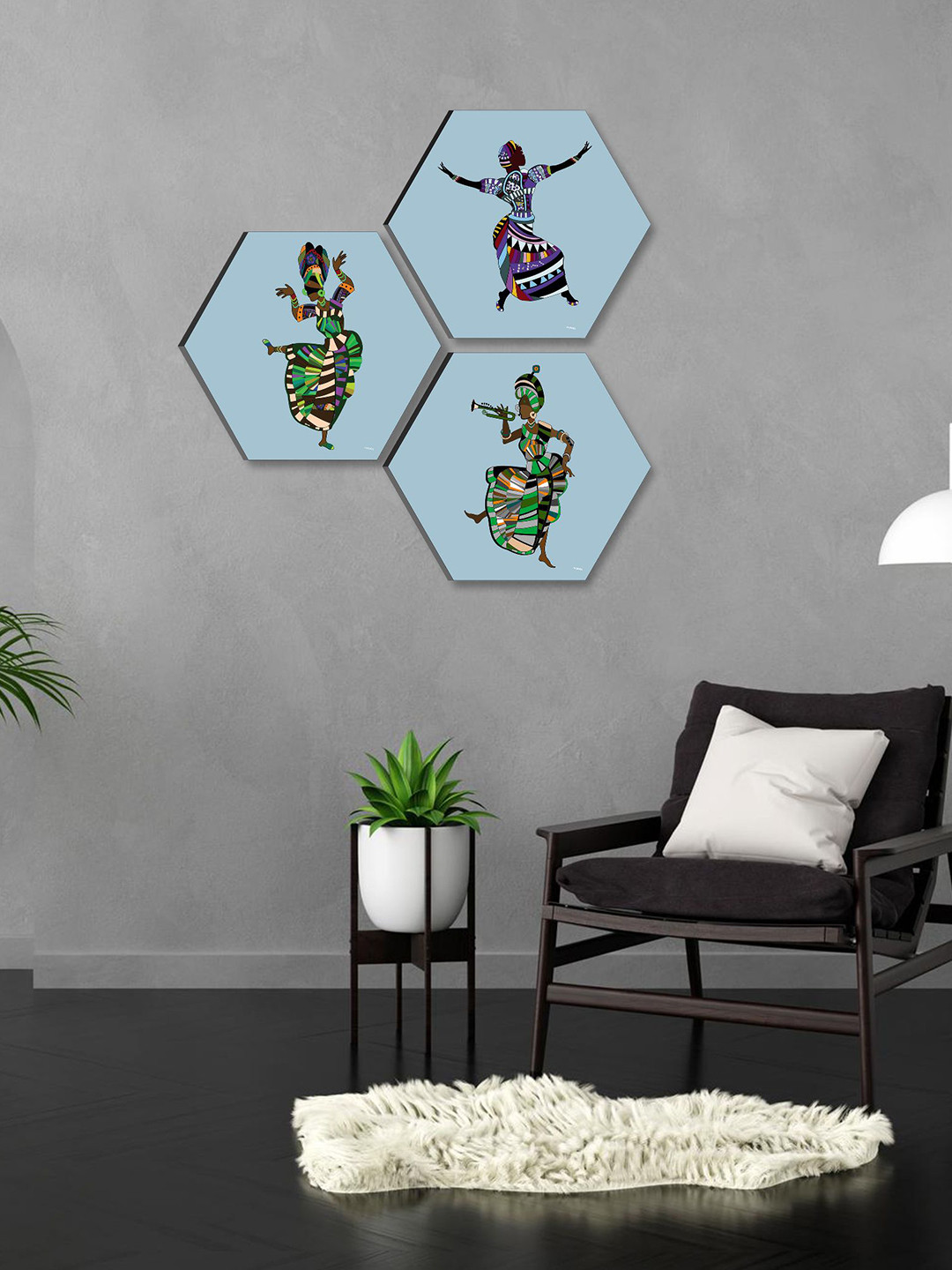 SAF Trible Self Adhesive 3 Piece Wall Hexagon Paintings Wall Art - 17 x 17 In