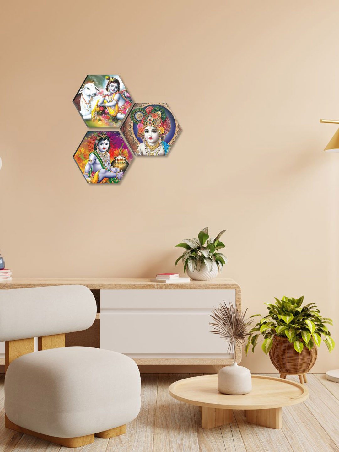 SAF Blue & Grey  3 Pieces Radha Krishna Painting Hexagon-Shaped Wall Art