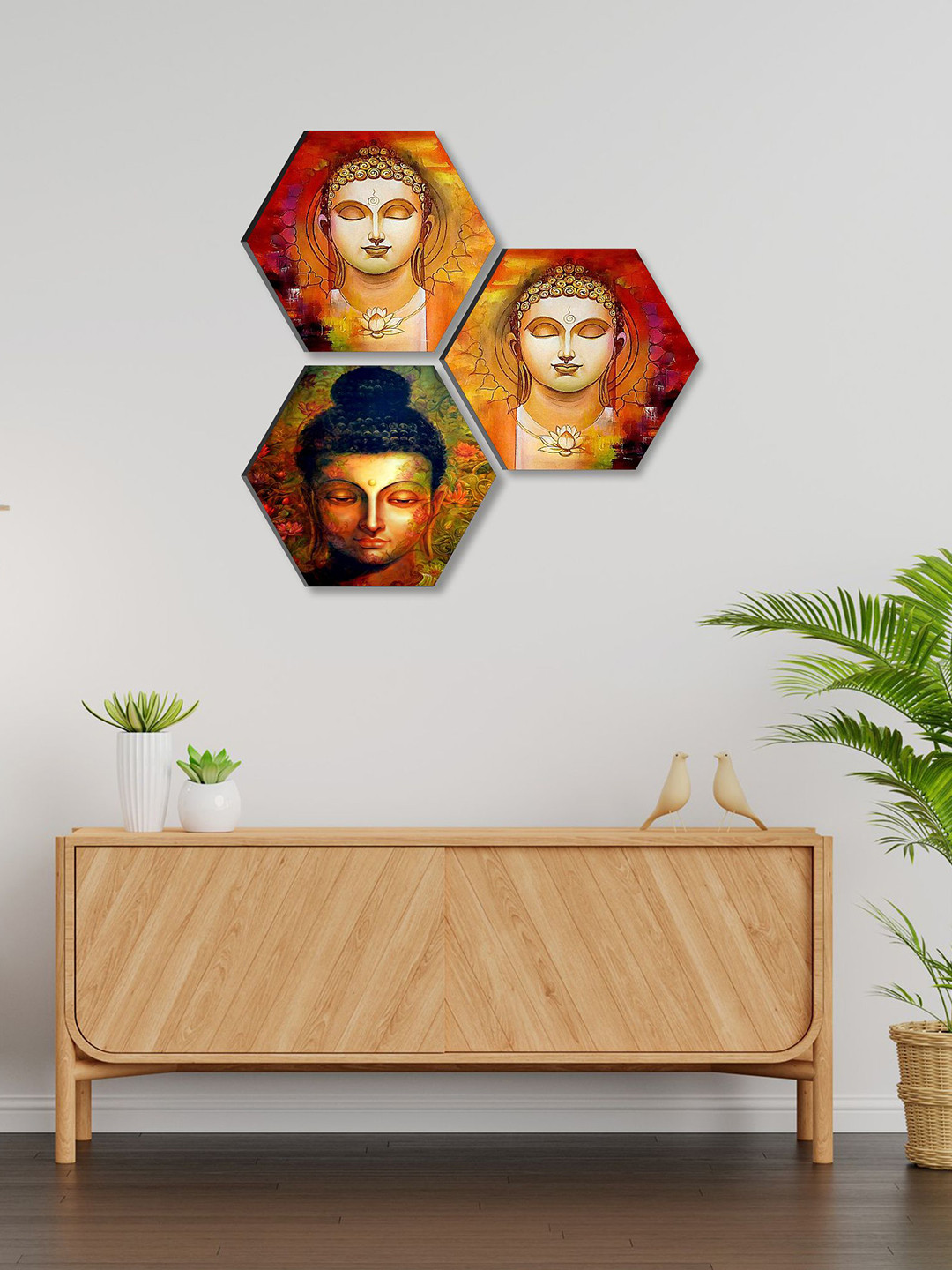 SAF Lord Buddha Canvas 3 Piece Wall Hexagon Paintings Wall Art - 17 x 17 In