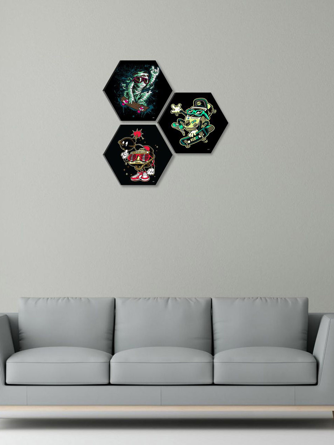 SAF Black & Green 3 Pieces Hexagon UV Textured Painting Wall Art