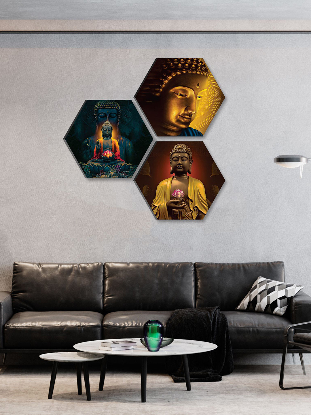 SAF Black & Gold Toned 3 Pieces Lord Buddha UV Textured Self adhesive Wall Arts