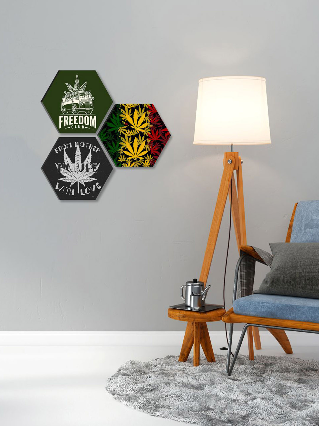 SAF Black & Green 3 Pieces Leaf & Freedom Painting Hexagon-Shaped Wall Art
