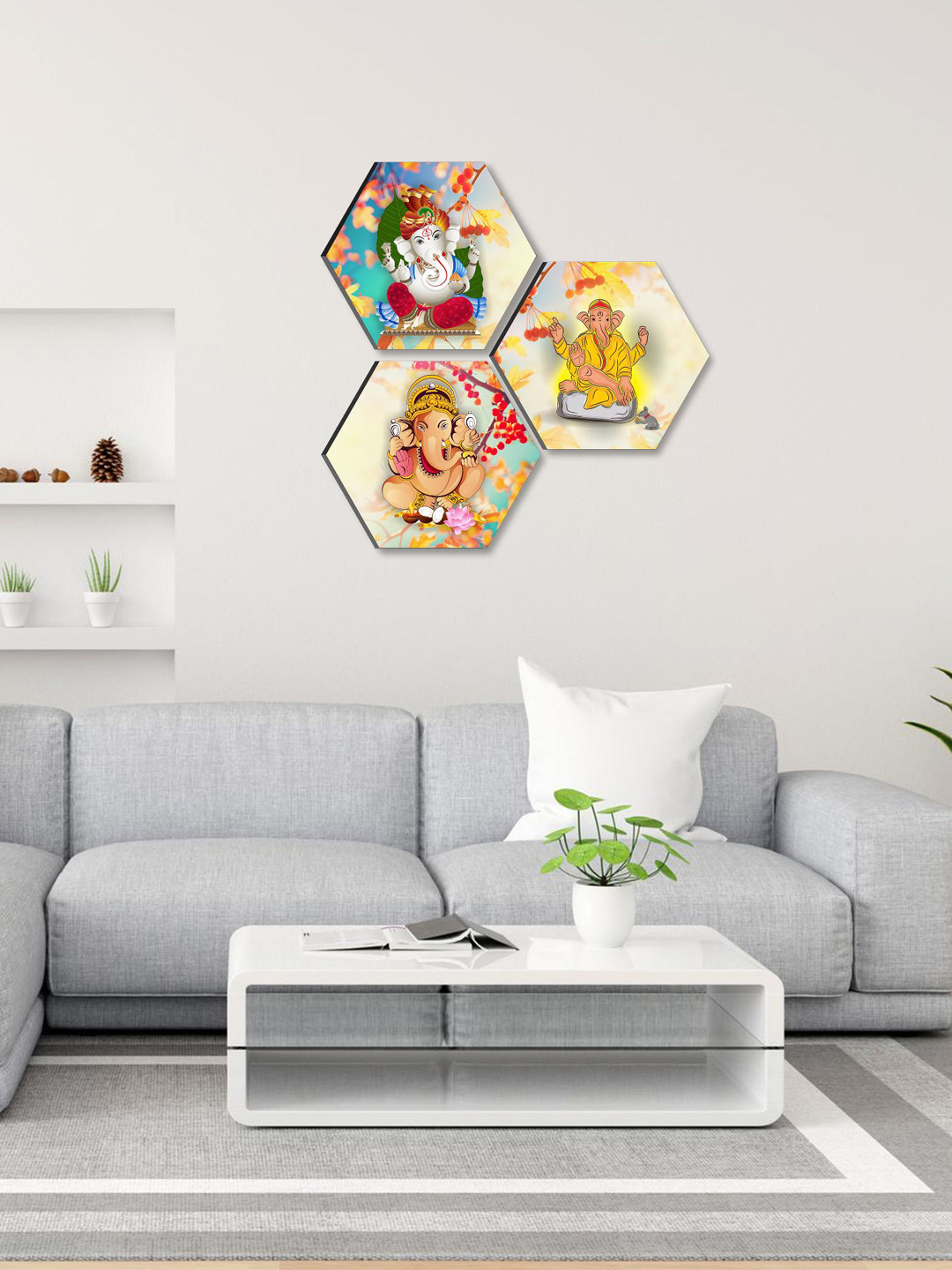 SAF Yellow & Red 3 Pieces Lord Ganesha Hexagon UV Textured Self adhesive Wall Art