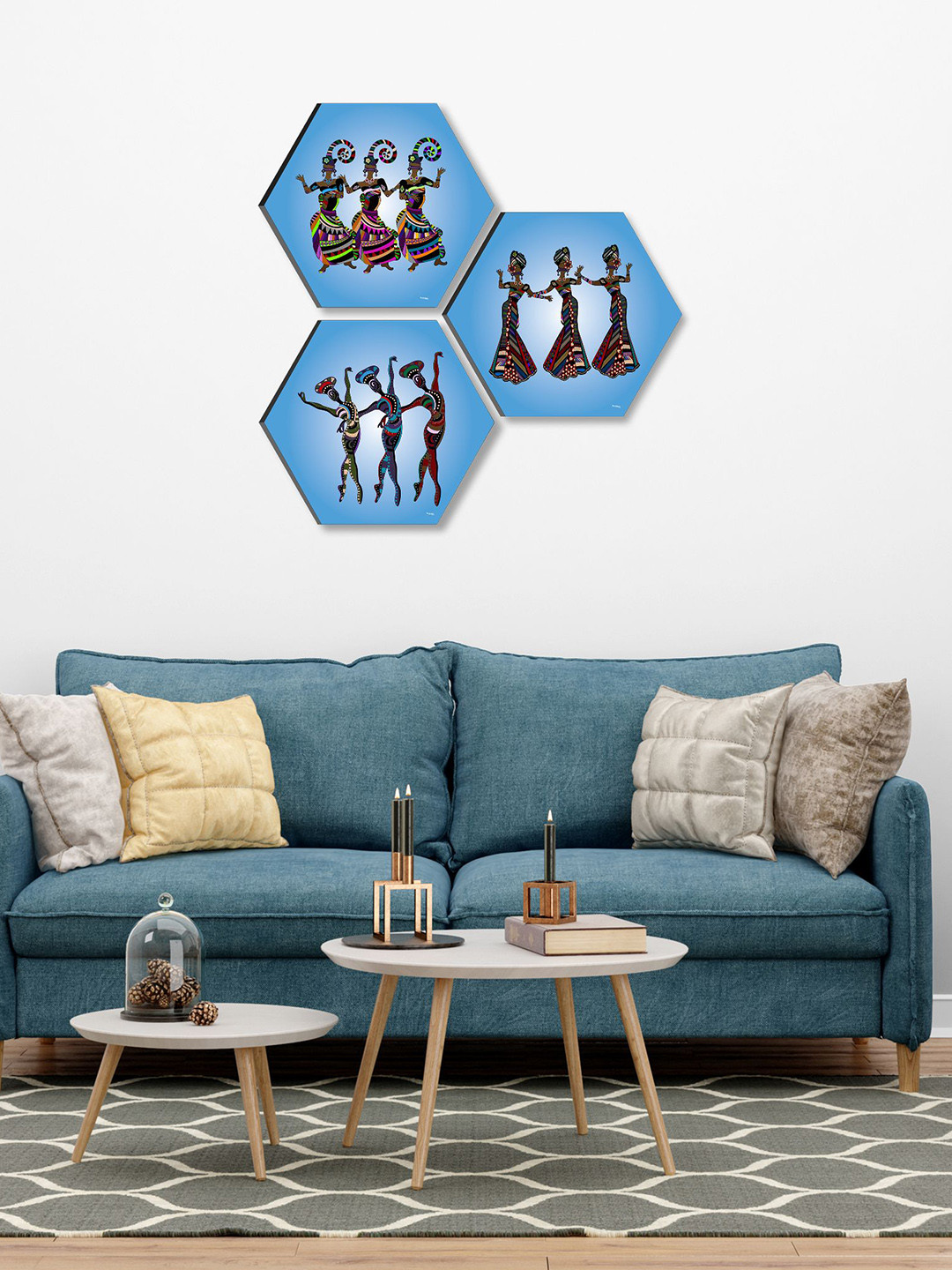SAF Blue 3 Pieces Hexagon UV Textured Self adhesive Trible Wall Painting