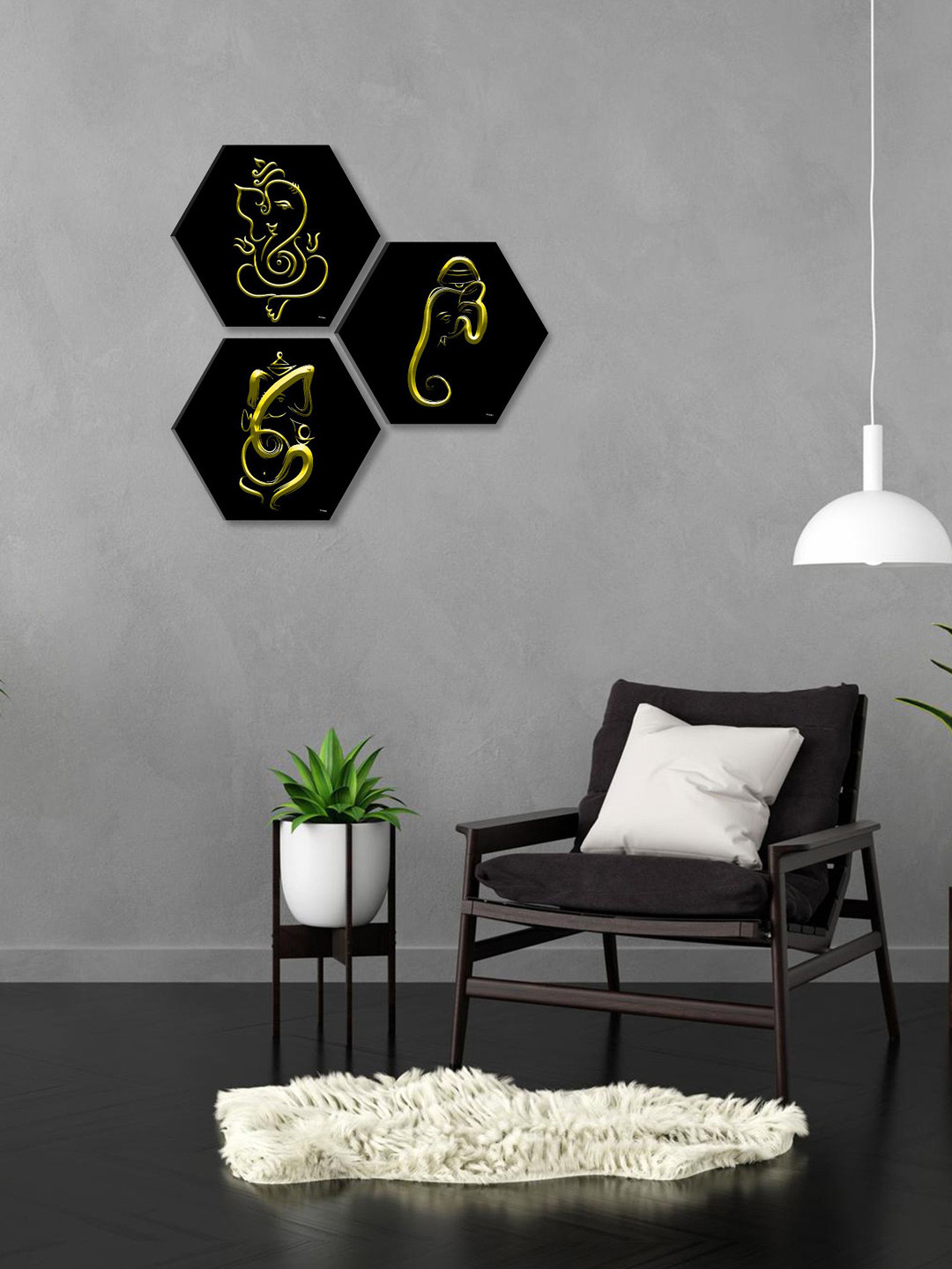 SAF Lord Ganesha Black 3 Pcs Wall Living Room Hexagon Paintings Wall Art -16.93 x 16.93In