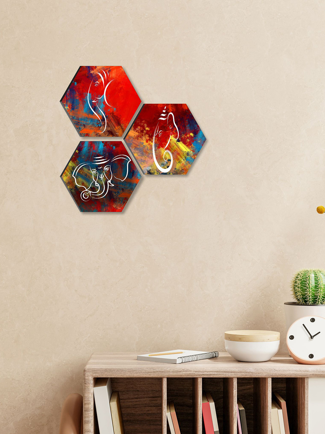 SAF Lord Ganesha Paper 3 Piece Wall Hexagon Paintings Wall Art