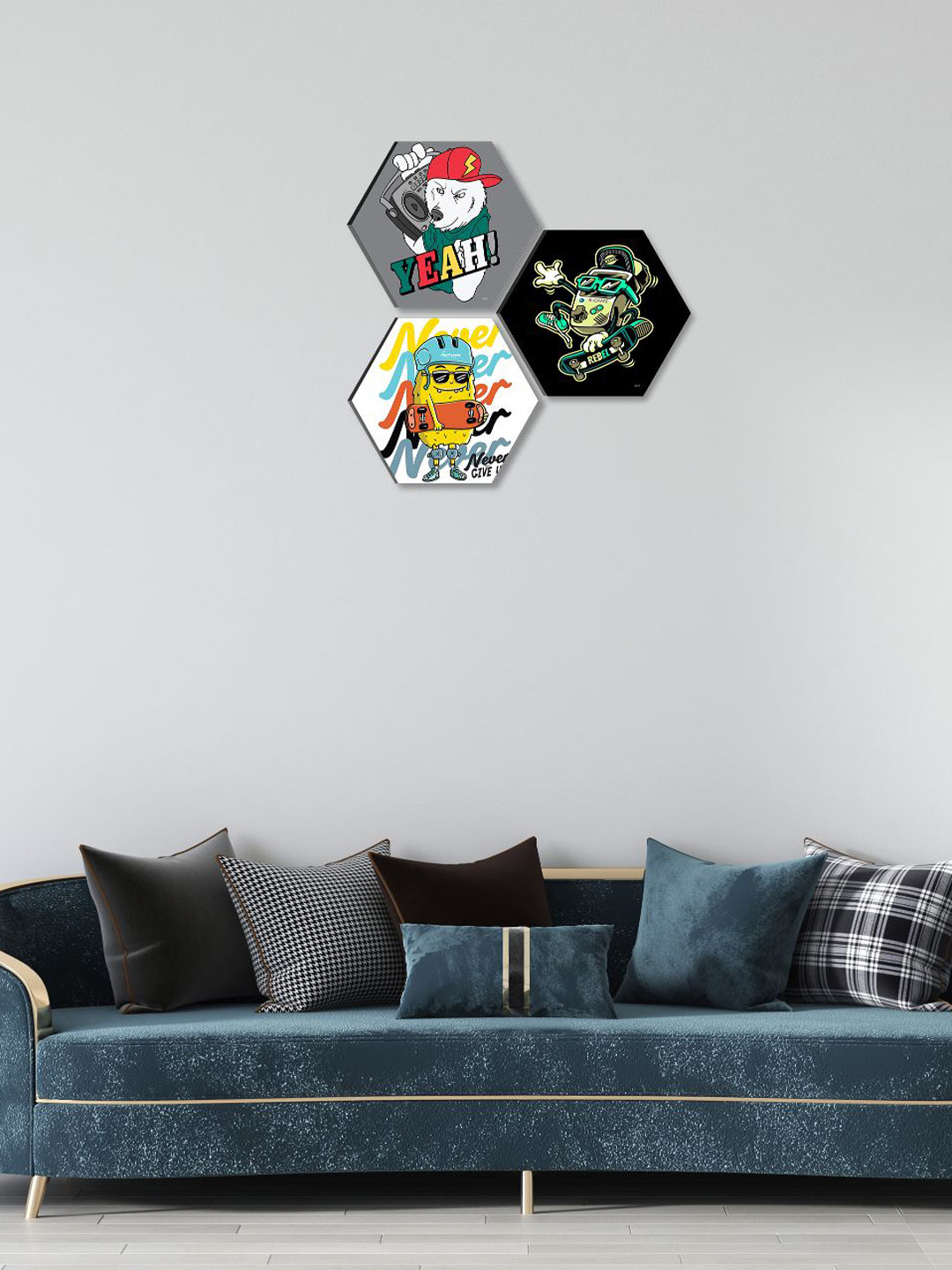 SAF Black & White 3 Pieces Cartoon Printed UV Textured Wall Painting