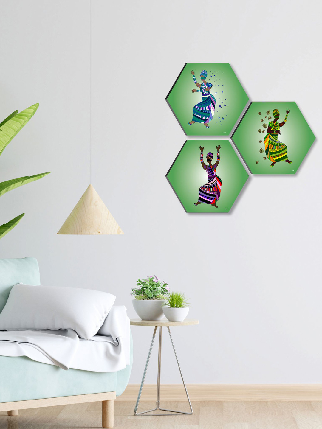 SAF Green & Blue 3 Pieces Trible Art Hexagon UV Textured Self Adhesive Wall Art
