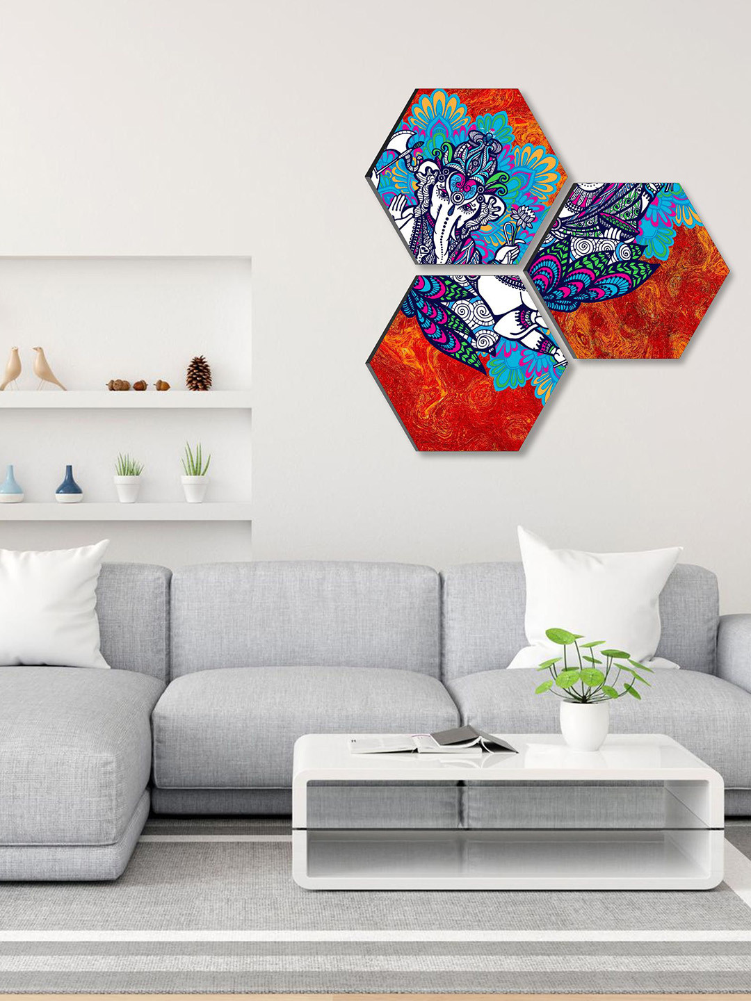 SAF Lord Ganesha Paper 3 Piece Wall HexagonPaintings Wall Art -17 x 17 In