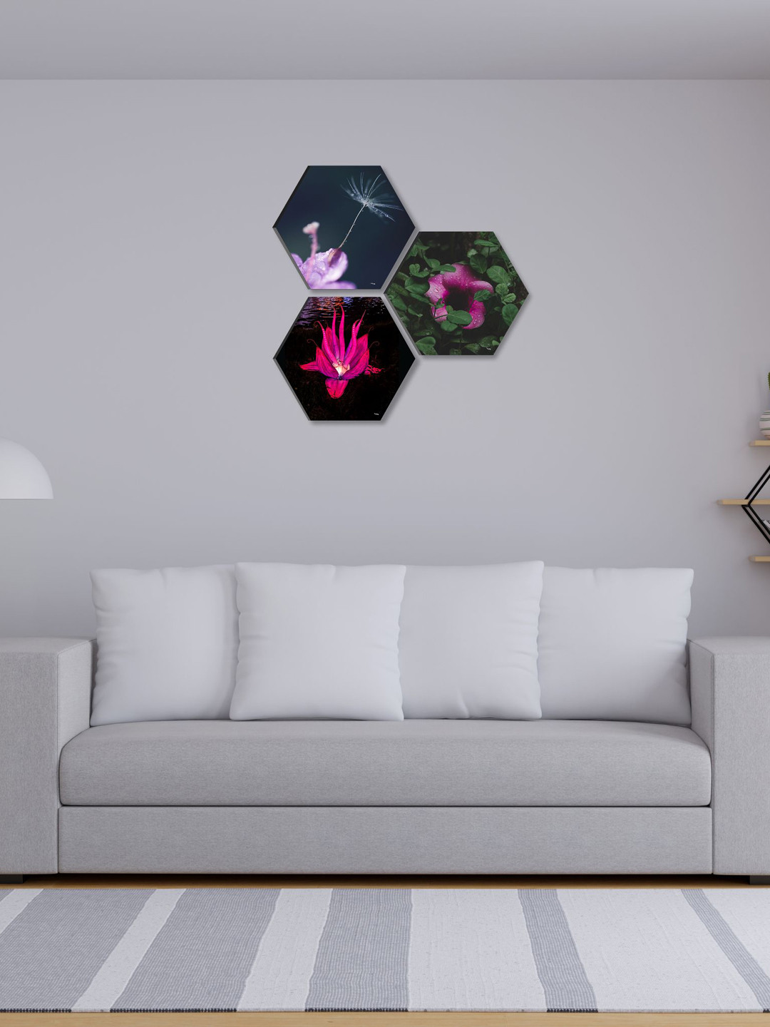 SAF Flower Pink Paper 3 Pcs Wall Living Room Hexagon Potrait Paintings Wall Art -17 x 17In