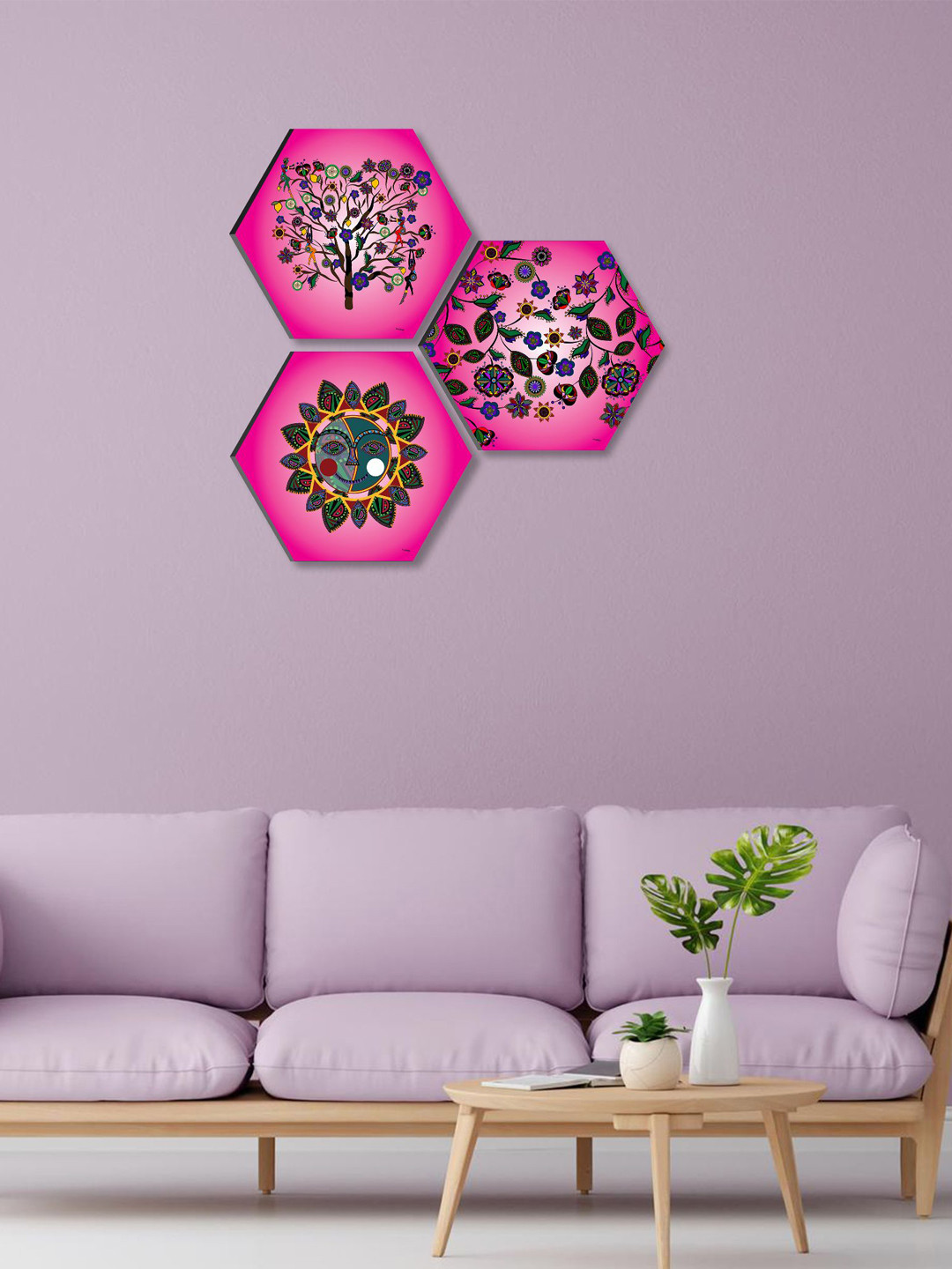 SAF Pink & Black 3 Pieces Traditional Self Adhesive Wall Art