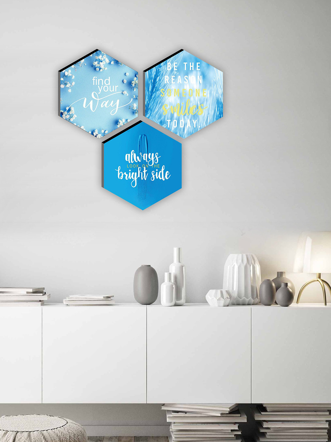 SAF 3 Piece Motivational Quotes Printed Hexagon Self Adhesive Wall Art- 17 x17In