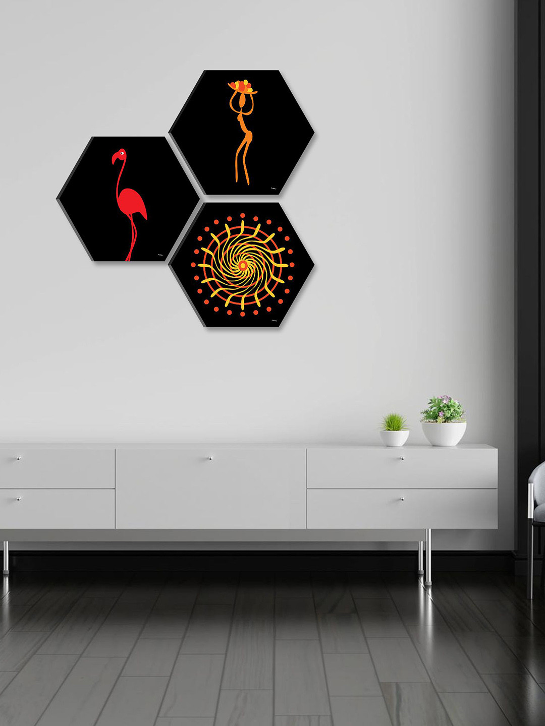 SAF Flamingo Hexagon Paper 3 Pcs Wall Square Paintings Wall Art -16.9x16.9In