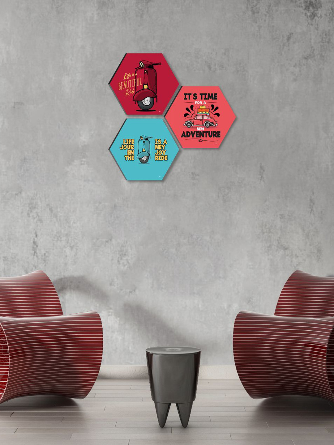 SAF Blue & Red 3 Pieces Hexagon UV Textured Self adhesive Painting Wall Art