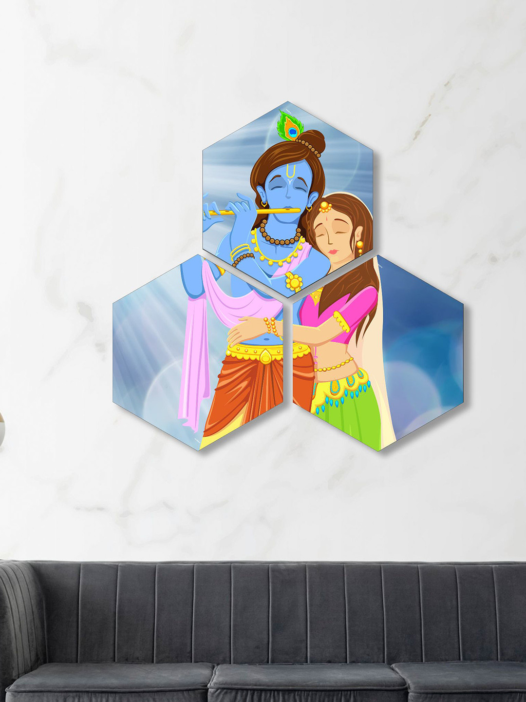 SAF Radha Krishna Paper 3 Pcs Wall Hexagon Paintings Wall Art - 8.25x9.50In