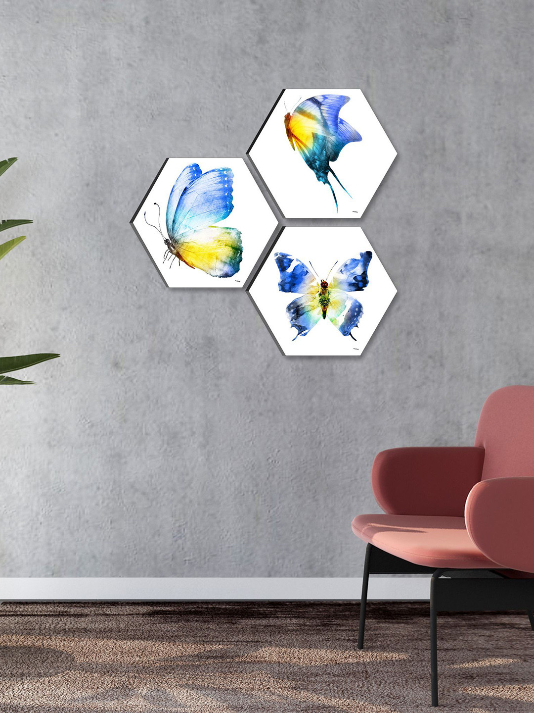 SAF Butterfly Paper 3 Piece Wall Hexagon Paintings Wall Art -17 x 17 In