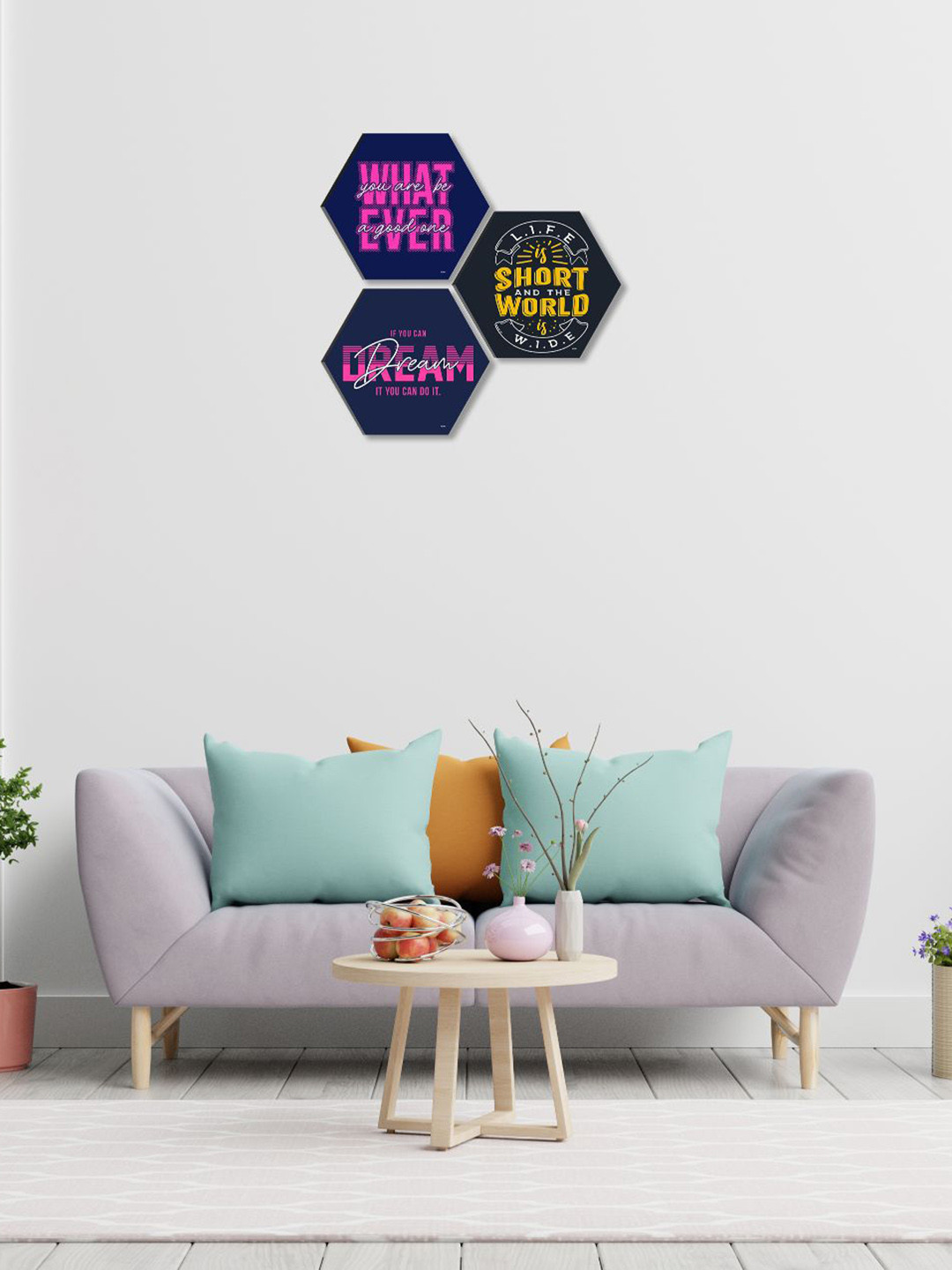 SAF 3 Piece Motivational Quotes Printed Hexagon Waterproof Wall Art-17x17In
