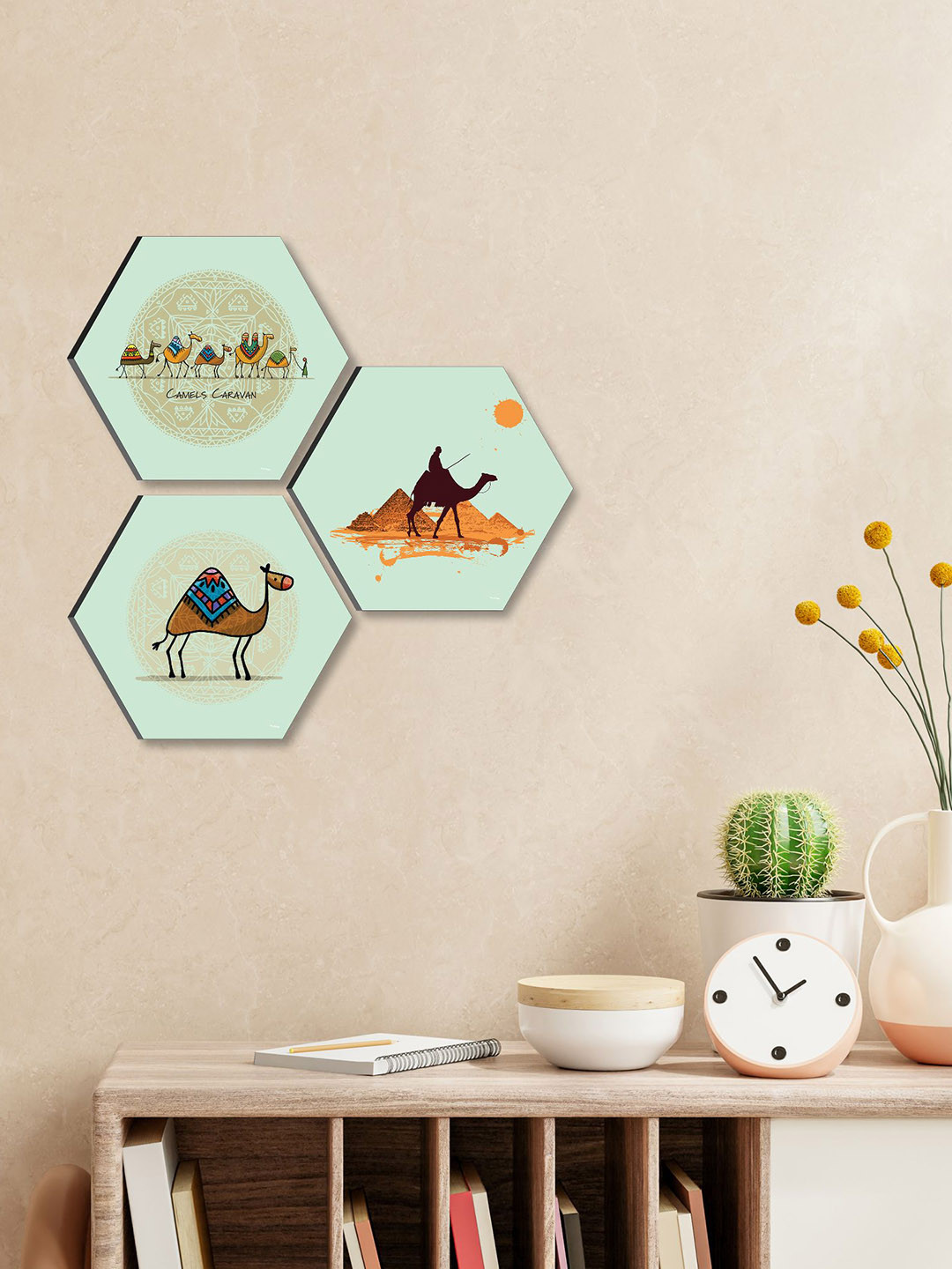 SAF Mint-Green & Yellow 3 PiecesTraditional Camel Painted Wall Arts