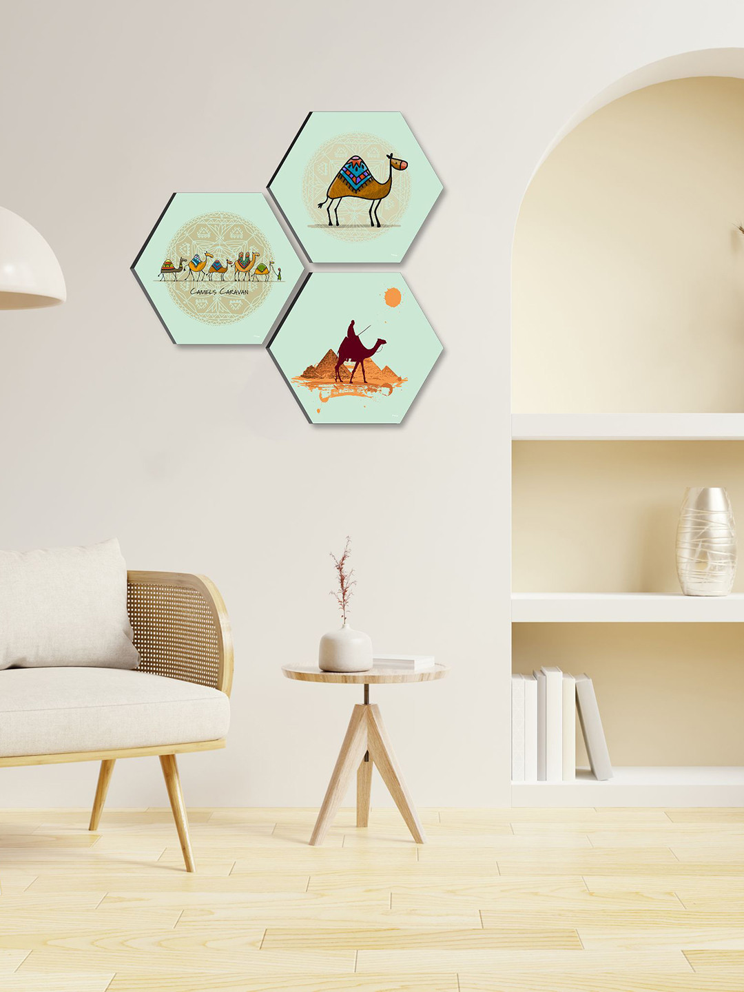SAF Sea Green 3 Pieces Camel Painting Hexagon UV Textured Wall Art