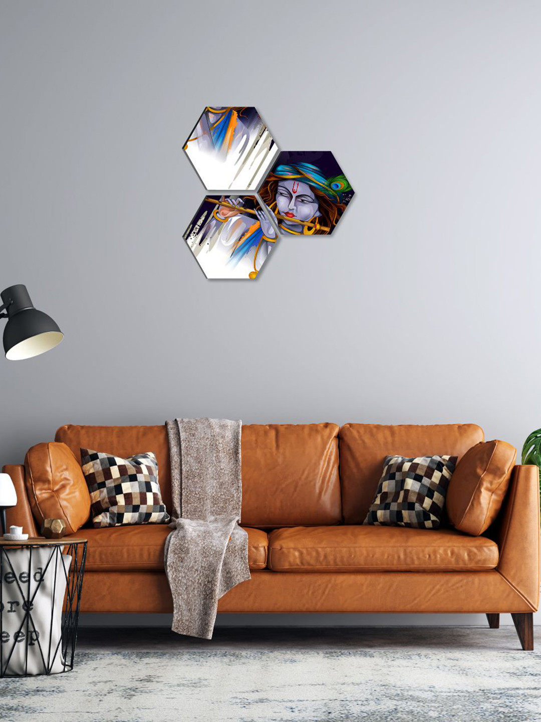 SAF 3 Piece Lord Krishna Printed Hexagon Self Adhesive UV Textured Wall Art- 17x17In
