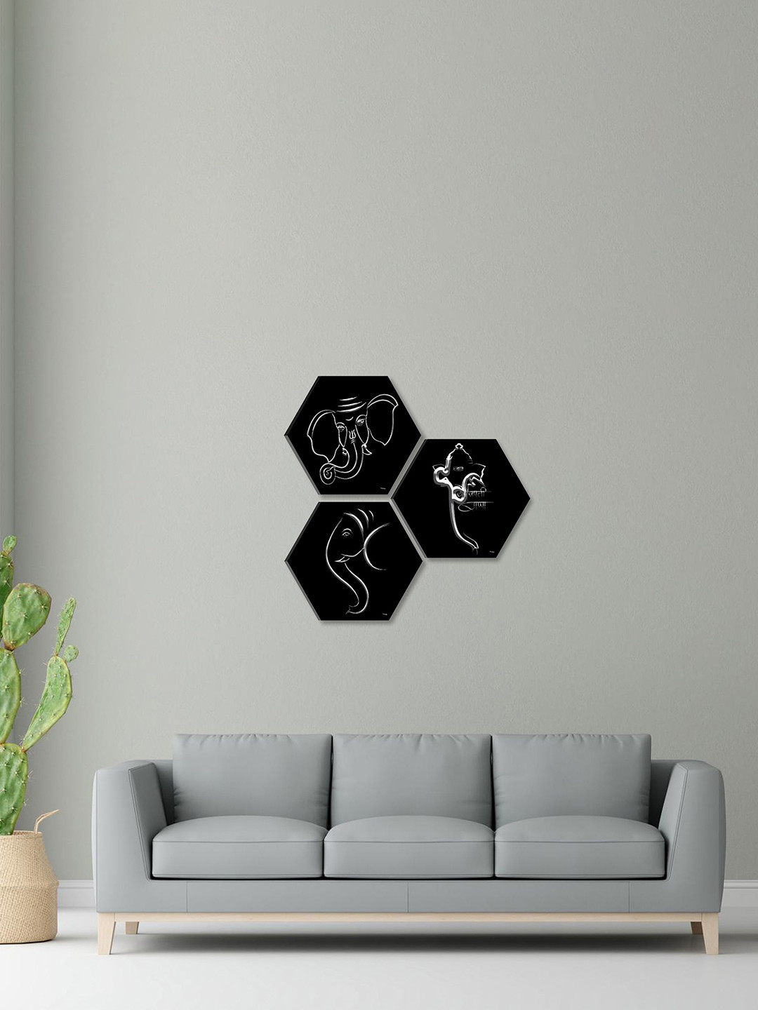 SAF Black & White 3 Pieces Hexagon Lord Ganesha Wall Art