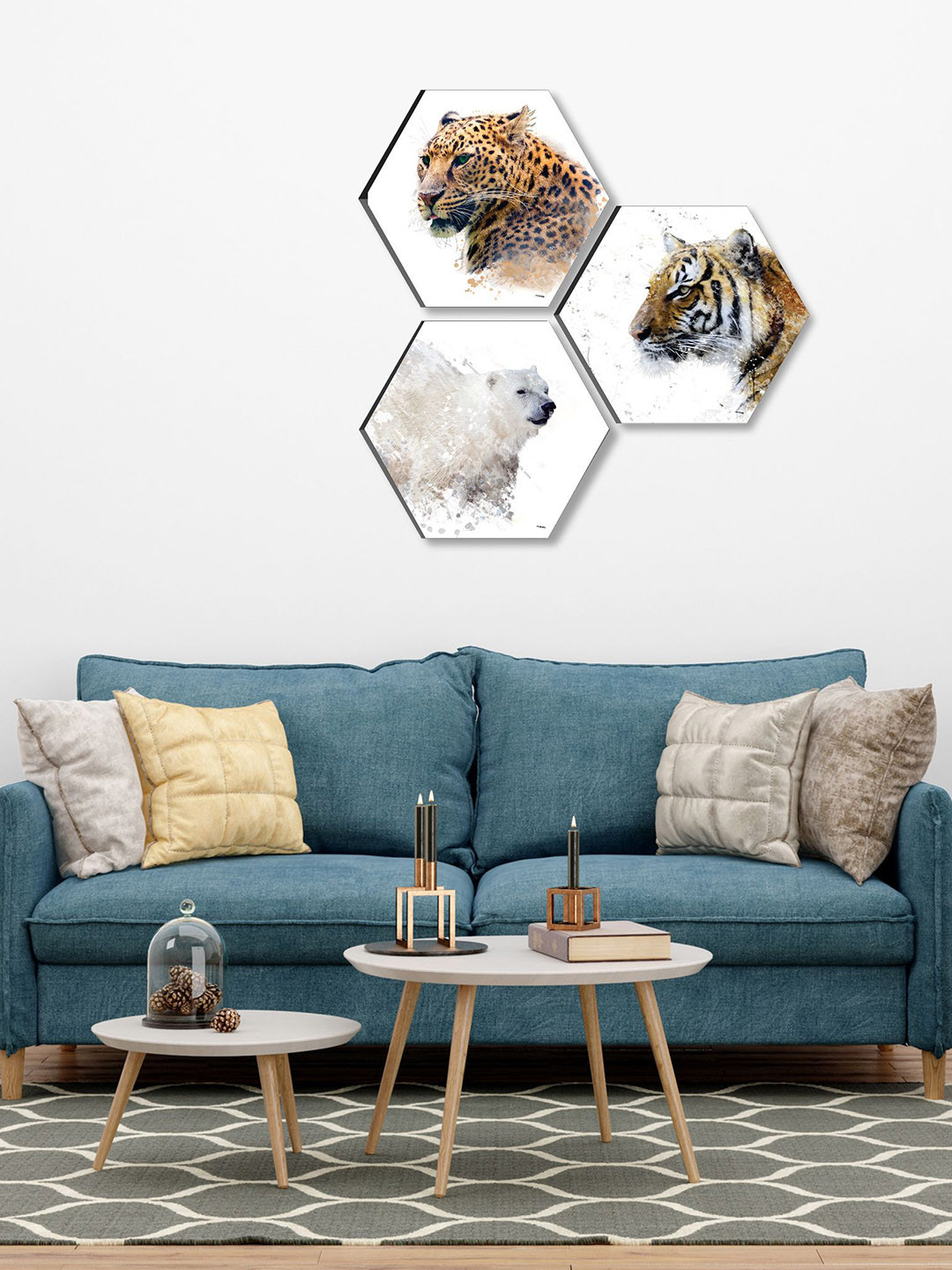 SAF White & Brown 3 Pieces Tiger Painting Hexagon-Shaped Wall Art