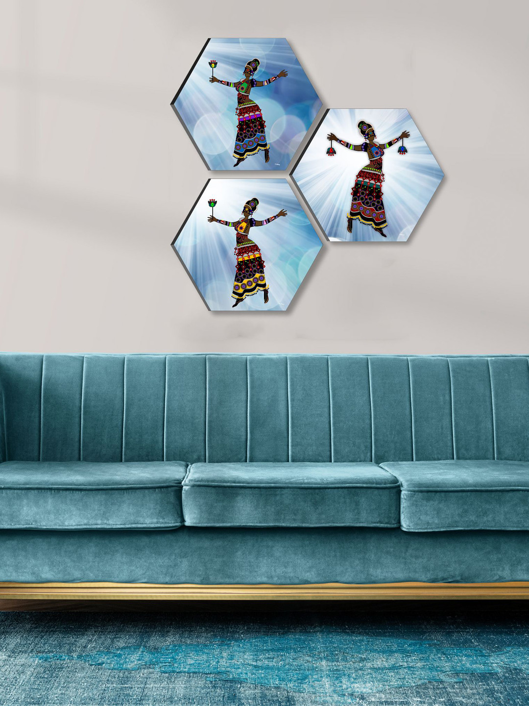 SAF Blue & Black 3 Pieces Trible Painting Hexagon UV Textured Wall Art