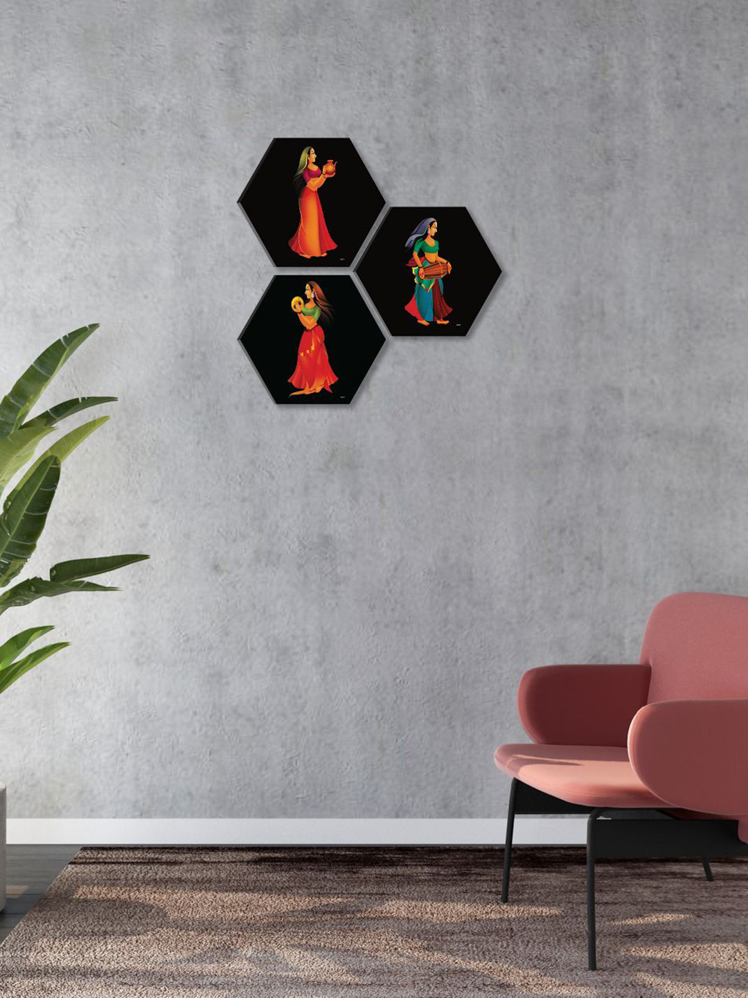 SAF Black & Red 3 Pieces Rajasthani Painting Hexagon UV Textured Wall Art