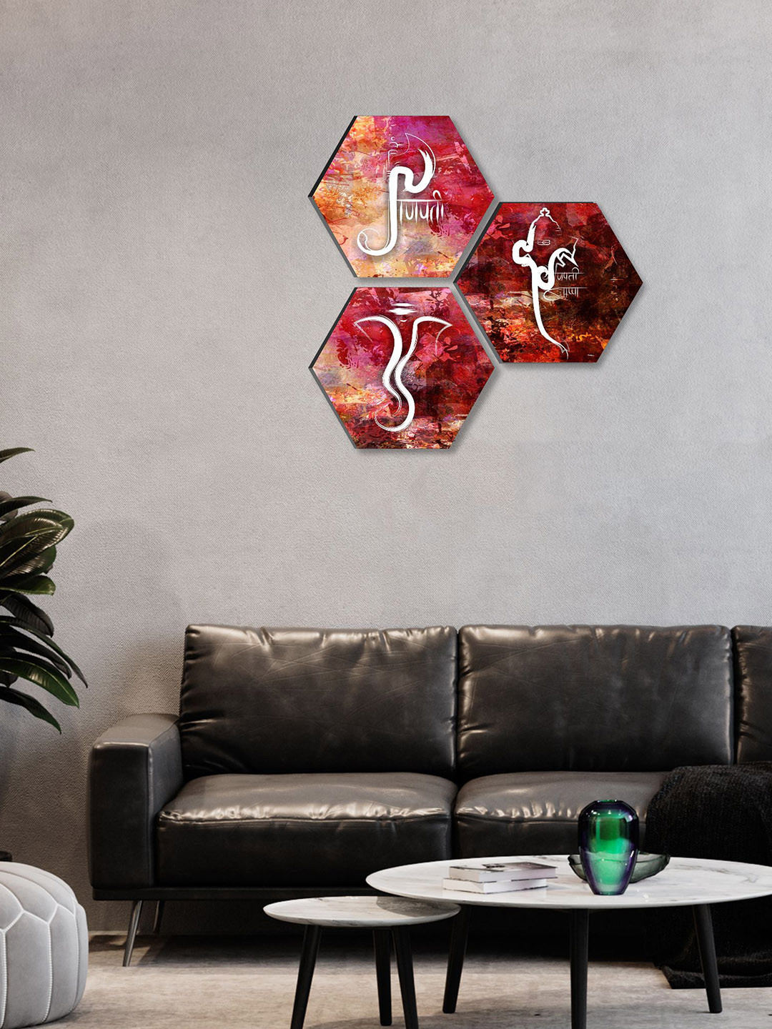 SAF Pink & White 3 Pieces Lord Ganesha Hexagon-Shaped Self Adhesive Wall Art