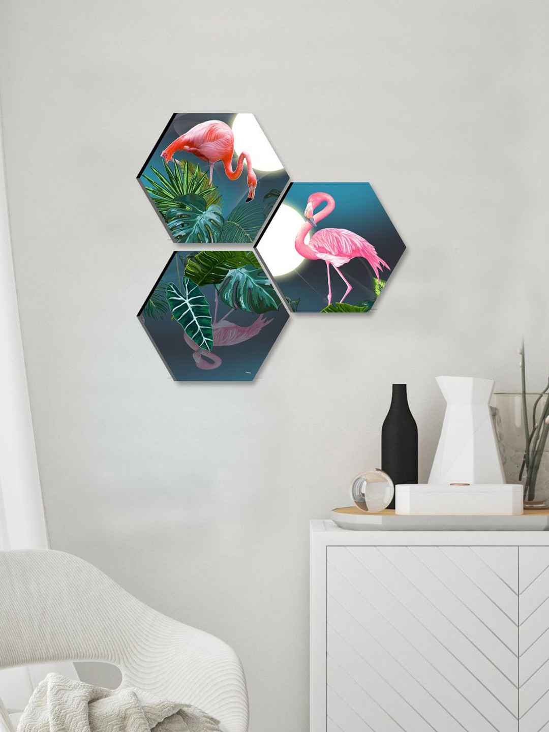 SAF Green & Pink 3 Pieces Flamingo Printed UV Textured Wall Painting