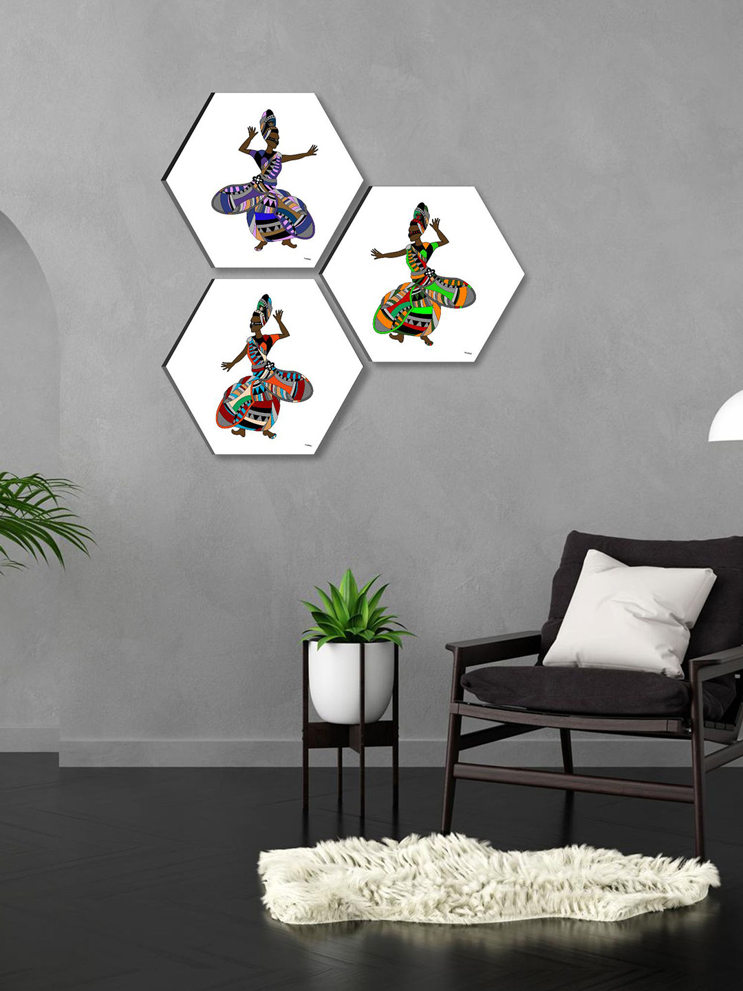 SAF White & Blue 3 Pieces Trible Art Painting Hexagon-Shaped Wall Art