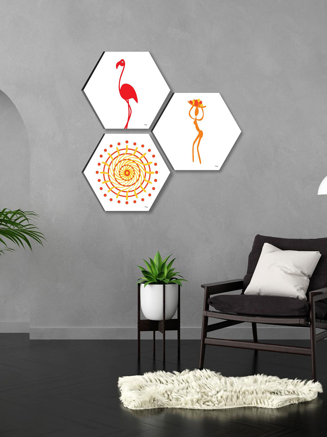 SAF Flamingo Paper 4 Piece Wall Hexagon Paintings Wall Art -17 x 17 In