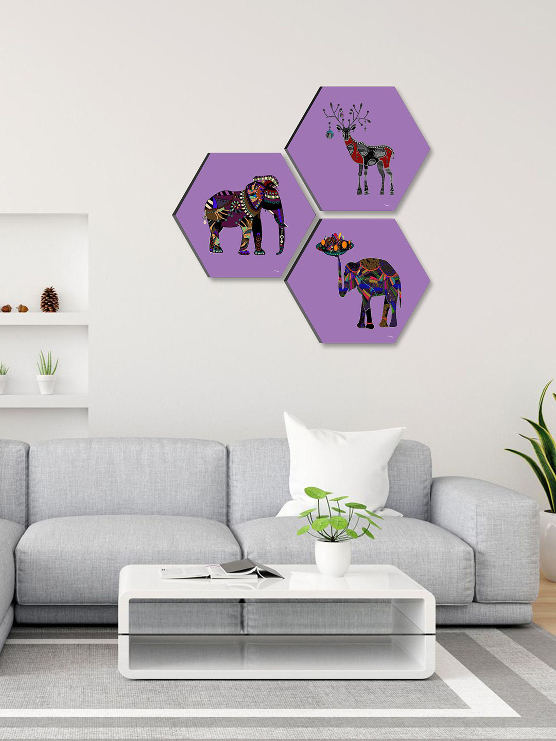 SAF Purple 3 Pieces Elephant Painting Hexagon UV Textured Wall Art